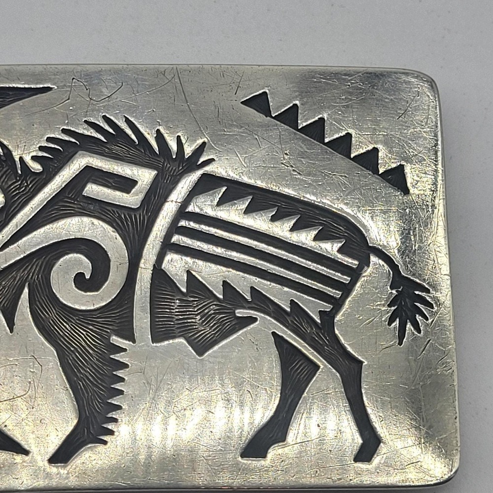 Navajo Artist Montano Gibbson "GIBB" Sterling Silver Etched Buffalo Belt Buckle - Picture 6 of 16